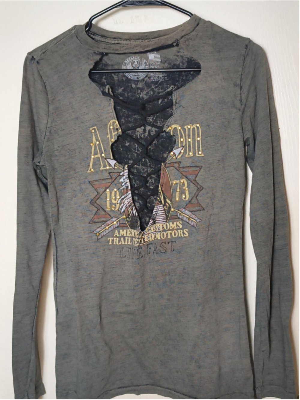 Women's Affliction Long Sleeve Graphic Tee, Grey/Black, Size M
